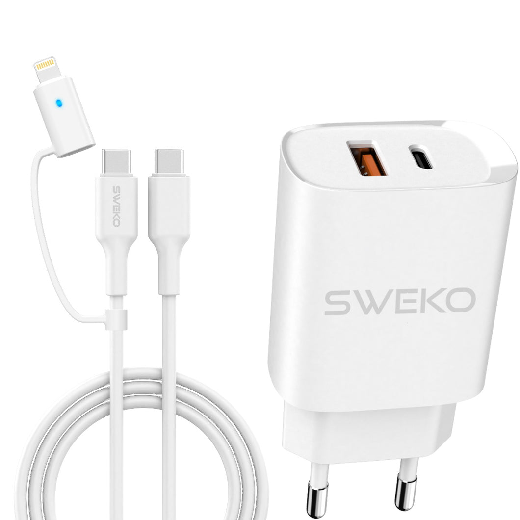 Adapter 30W USB-C & USB-A & 2 i 1 Lightning eller USB-C 2m VIT för iPhone • Samsung • Huawei • Android  SWEKO